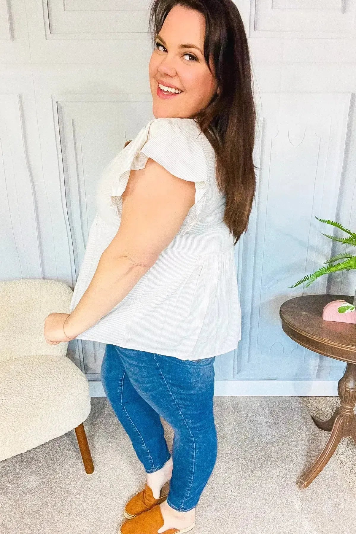 Weekend Ready Taupe Embroidered Notched Neck Babydoll Top-Evelyns Fashion