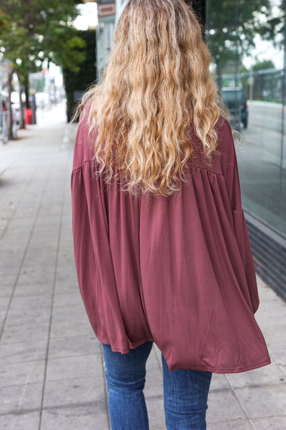 Wine V Neck Yoke Modal Knit Oversized Top-Evelyns Fashion