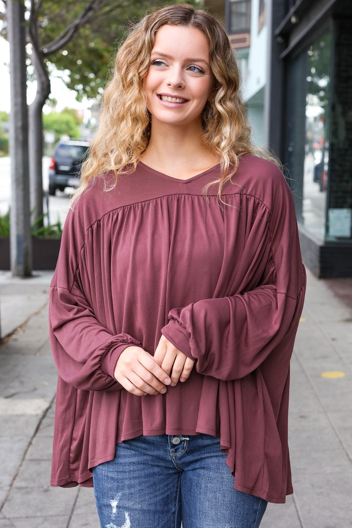 Wine V Neck Yoke Modal Knit Oversized Top-Evelyns Fashion