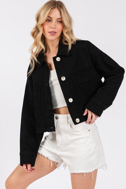 Womens Cropped Denim Jacket-Evelyns Fashion