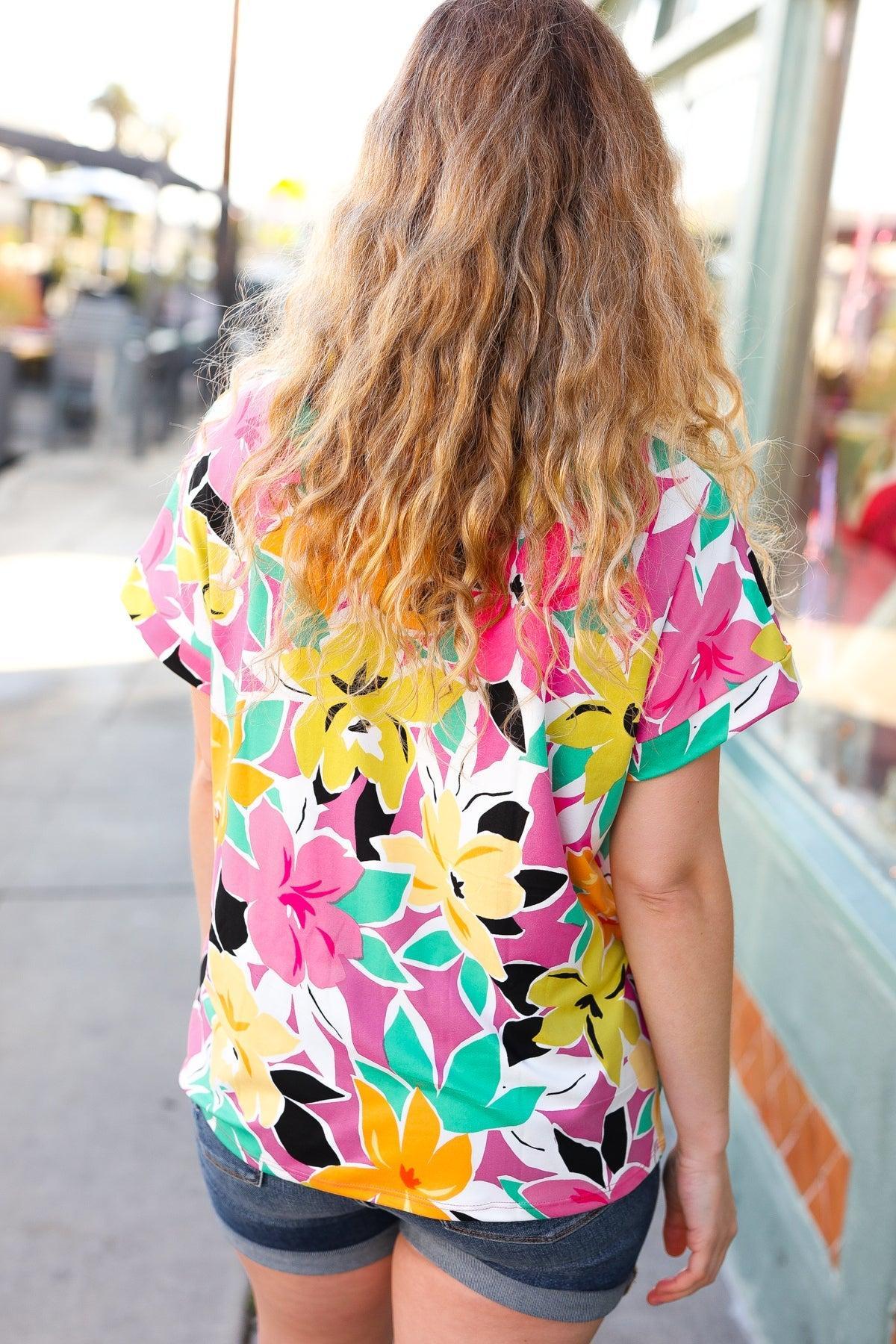 Women's Short Sleeve Floral Blouse-Blouses-Evelyns Fashion