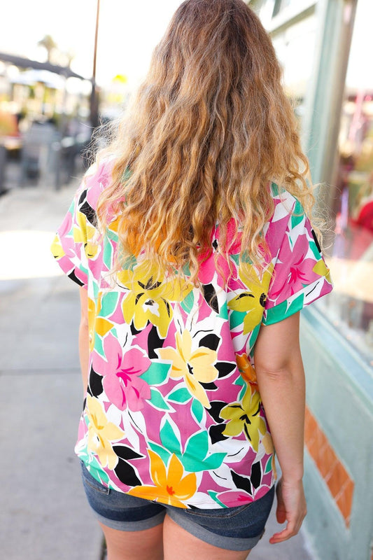 Women's Short Sleeve Floral Blouse-Blouses-Evelyns Fashion