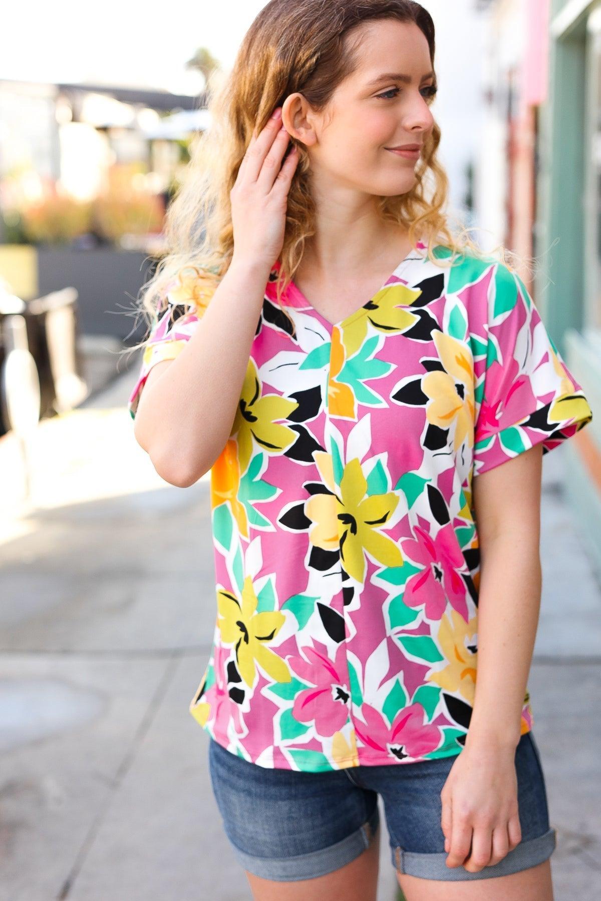 Women's Short Sleeve Floral Blouse-Blouses-Evelyns Fashion