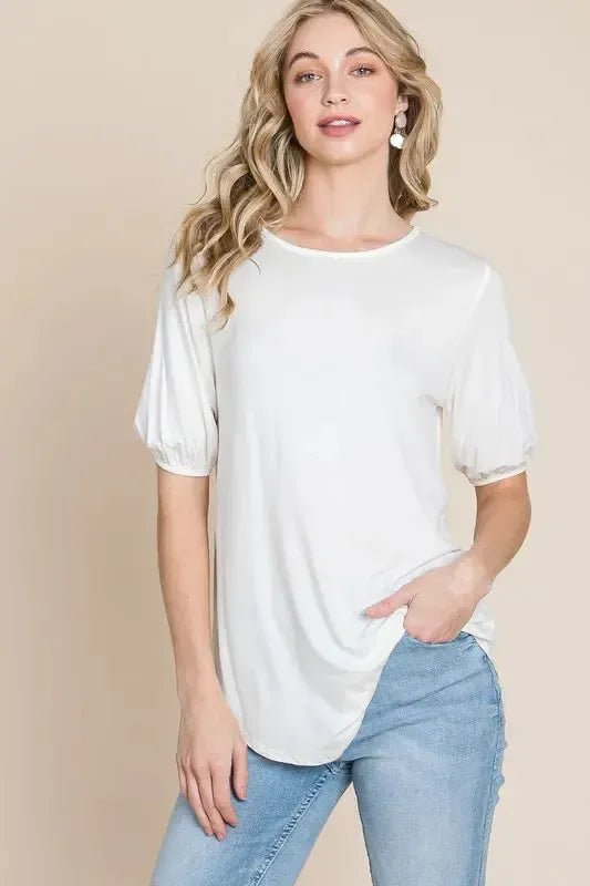 Women's White Puff Sleeve T-Shirt-T-Shirts-Evelyns Fashion