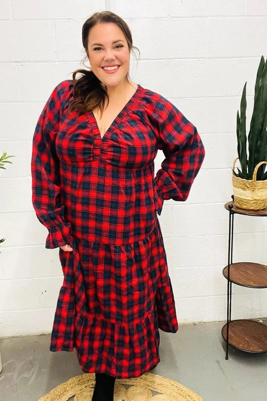 All I Want Red Plaid Elastic V Neck Tiered Maxi Dress-2024 Blow-Out Sale-Evelyns Fashion