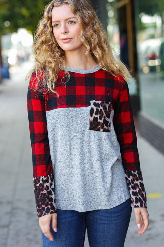 All Of Me Grey & Red Plaid Animal Print Pocketed Top-Long Sleeve Blouse-Evelyns Fashion
