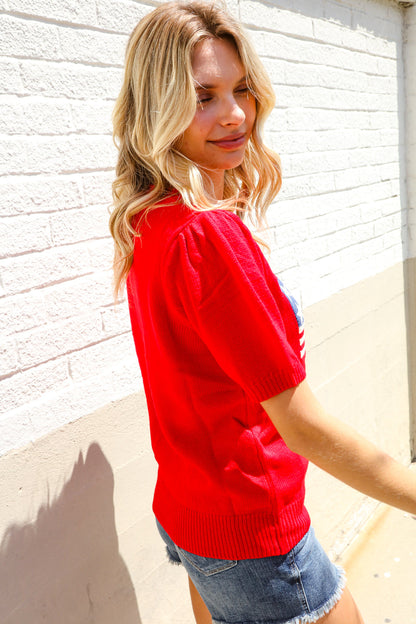 American Flag Short Sleeve Sweater-Sweaters-Evelyns Fashion