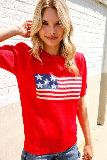 American Flag Short Sleeve Sweater-Sweaters-Evelyns Fashion