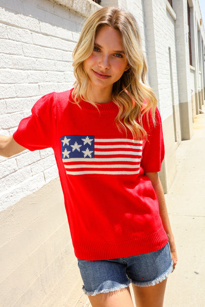 American Flag Short Sleeve Sweater-Sweaters-Evelyns Fashion