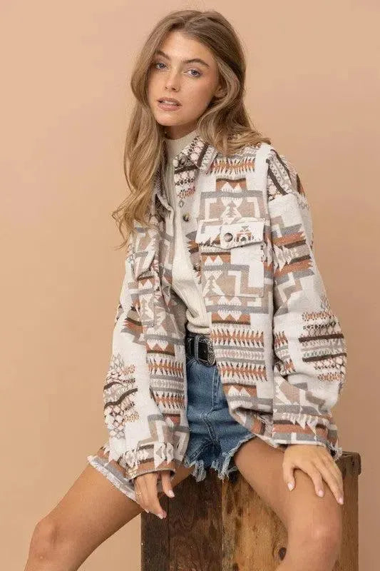 Aztec Western Shacket – Rustic Charm, Frayed & Stylish-Shackets-Evelyns Fashion