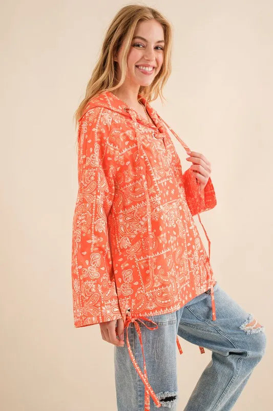 Bandana Pattern Lace Up Detailed Windbreaker-Apparel & Accessories-Evelyns Fashion
