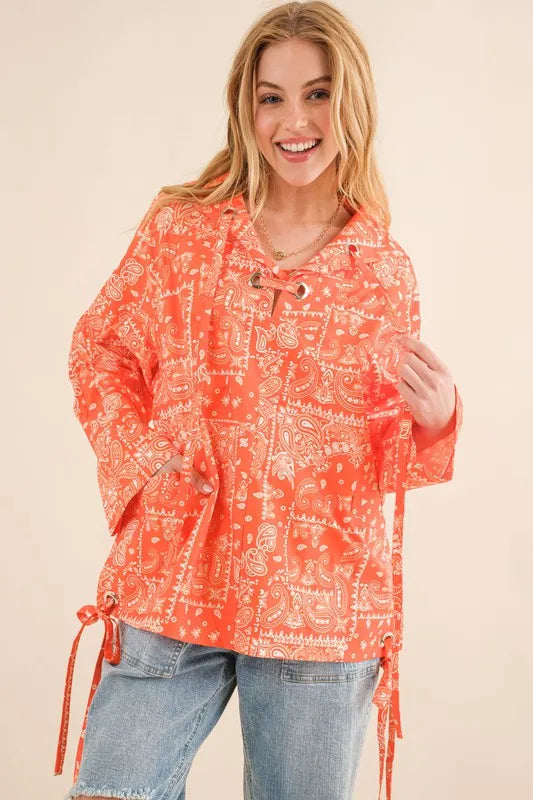 Bandana Pattern Lace Up Detailed Windbreaker-Apparel & Accessories-Evelyns Fashion