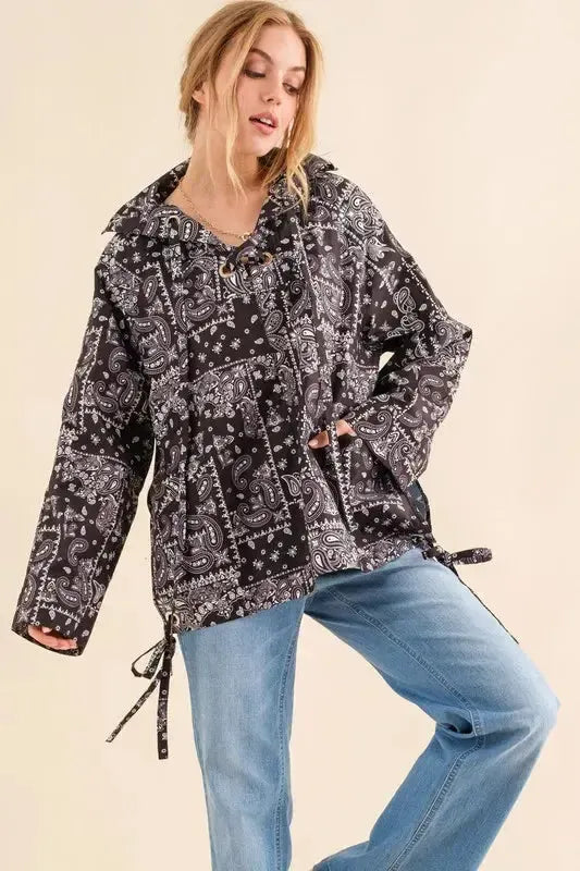 Bandana Print Lace-Up Windbreaker-Apparel & Accessories-Evelyns Fashion