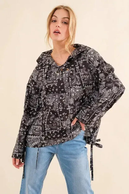 Bandana Print Lace-Up Windbreaker-Apparel & Accessories-Evelyns Fashion