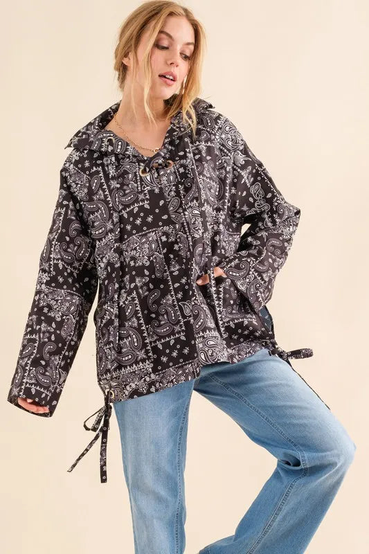Bandana Print Lace-Up Windbreaker-Apparel & Accessories-Evelyns Fashion