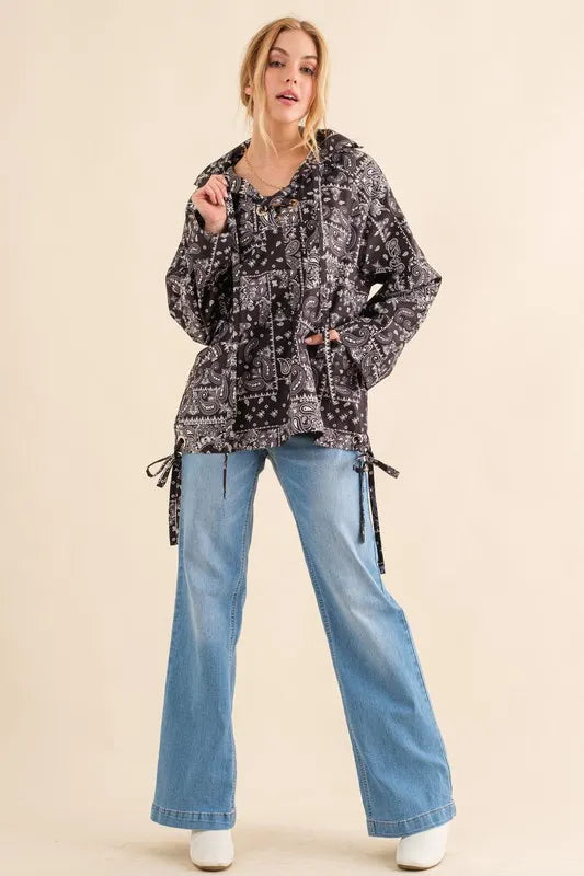 Bandana Print Lace-Up Windbreaker-Apparel & Accessories-Evelyns Fashion