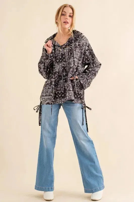 Bandana Print Lace-Up Windbreaker-Apparel & Accessories-Evelyns Fashion