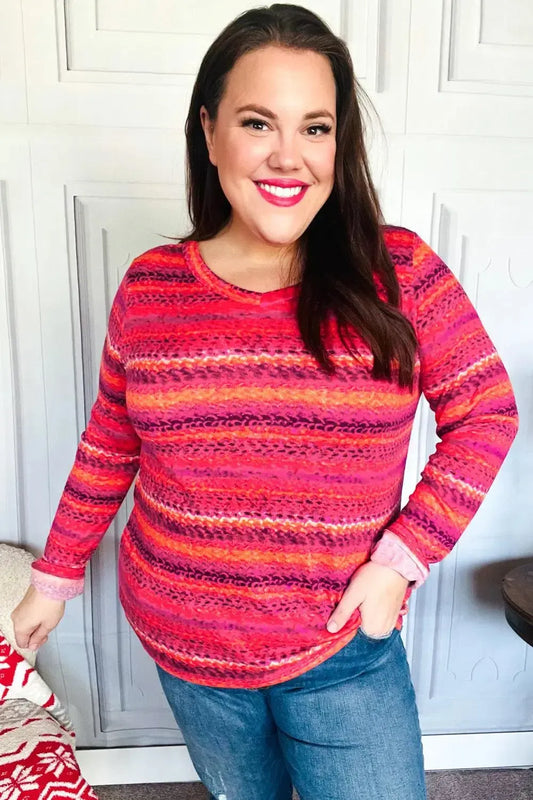 Be Bold Flame & Magenta Striped Cable Knit Print Hacci Top-2024 Blow-Out Sale-Evelyns Fashion
