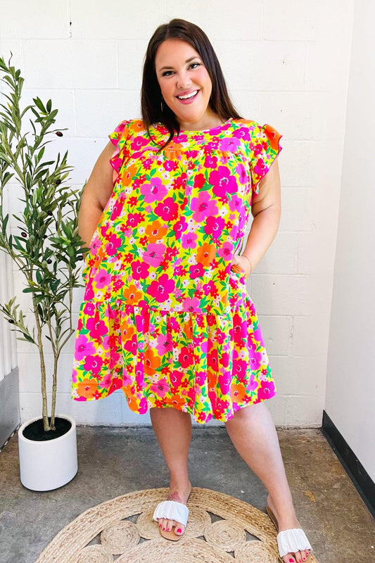 Be Charming Lime & Pink Floral Print Tiered Ruffle Sleeve Dress-2024 Summer Blow Out Sale-Evelyns Fashion