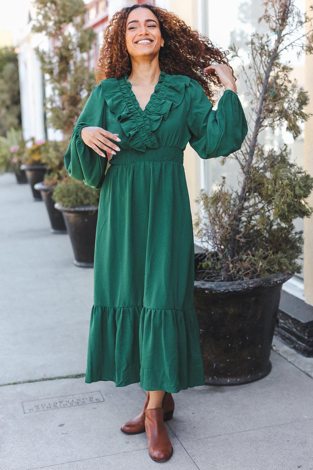 Beautiful You Holiday Green Overlap Ruffle V Neck Midi Dress-2024 Blow-Out Sale-Evelyns Fashion