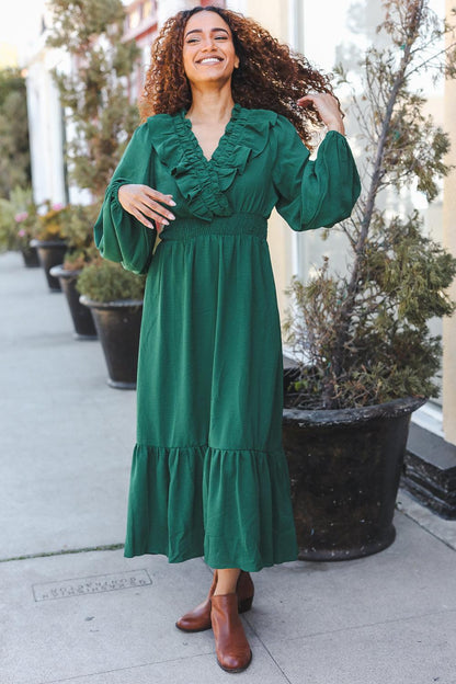 Beautiful You Holiday Green Overlap Ruffle V Neck Midi Dress-2024 Blow-Out Sale-Evelyns Fashion