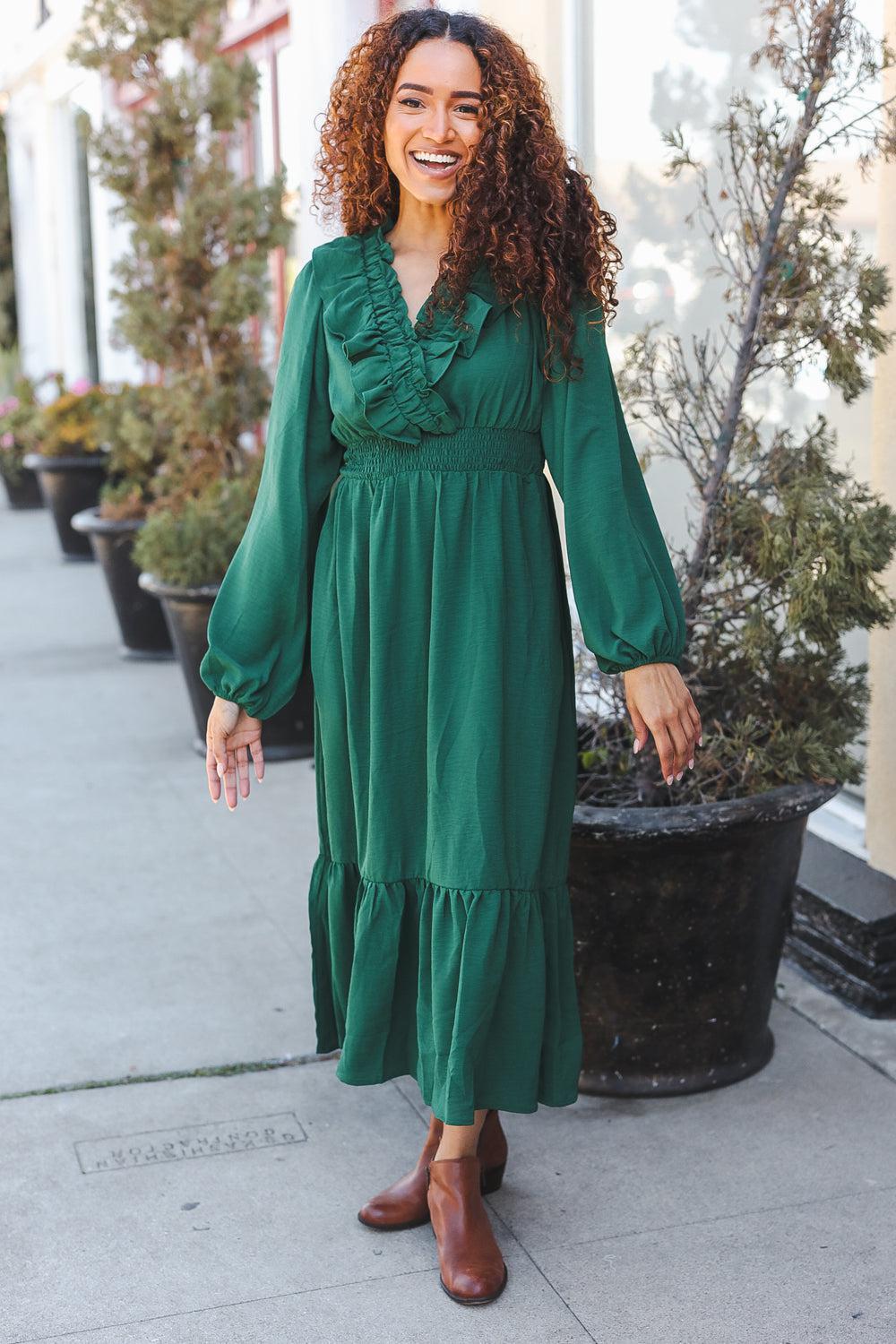Beautiful You Holiday Green Overlap Ruffle V Neck Midi Dress-2024 Blow-Out Sale-Evelyns Fashion
