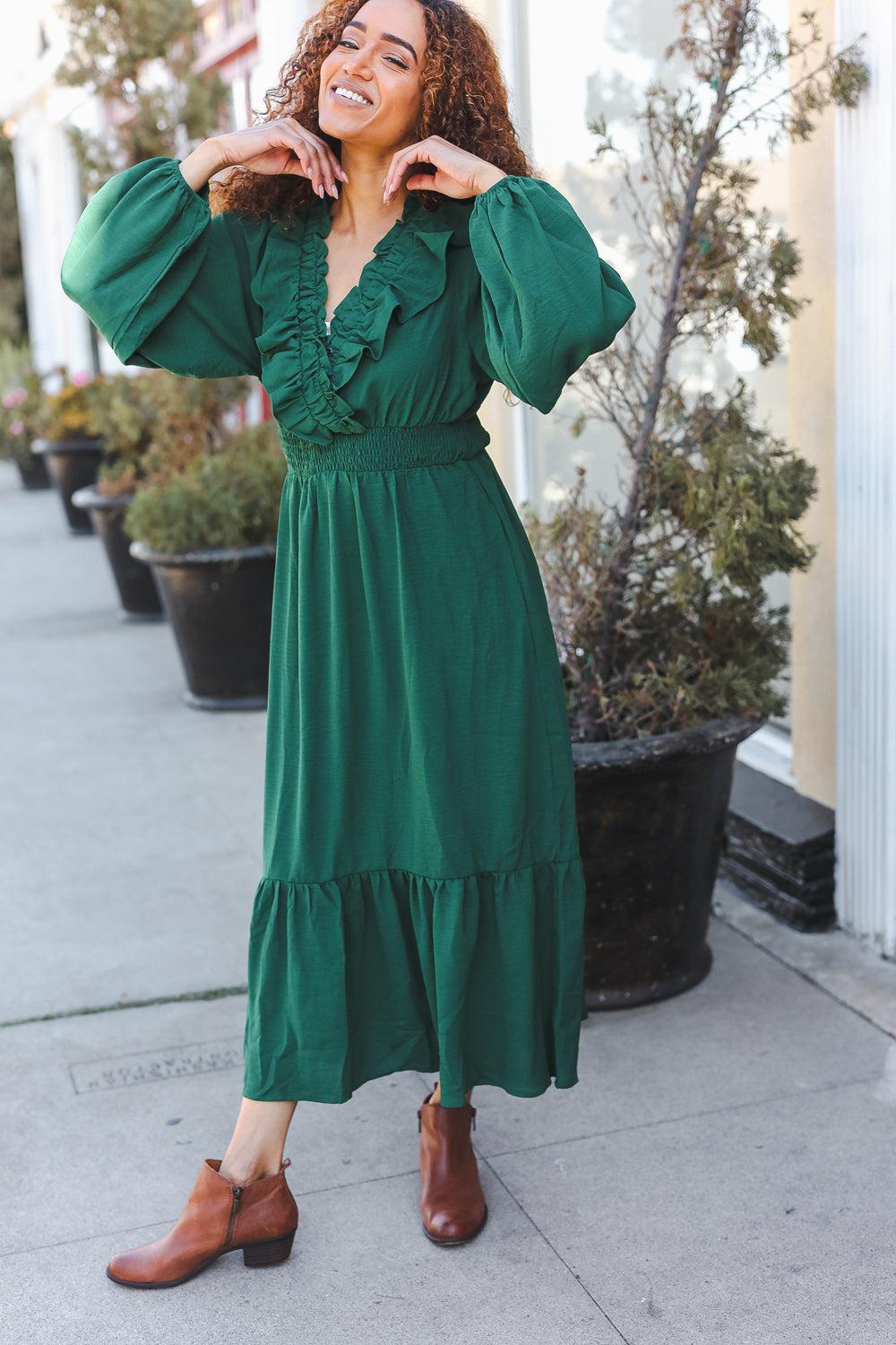 Beautiful You Holiday Green Overlap Ruffle V Neck Midi Dress-2024 Blow-Out Sale-Evelyns Fashion
