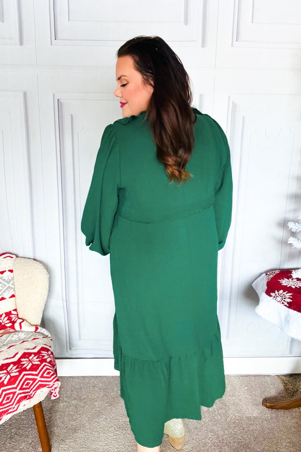 Beautiful You Holiday Green Overlap Ruffle V Neck Midi Dress-2024 Blow-Out Sale-Evelyns Fashion