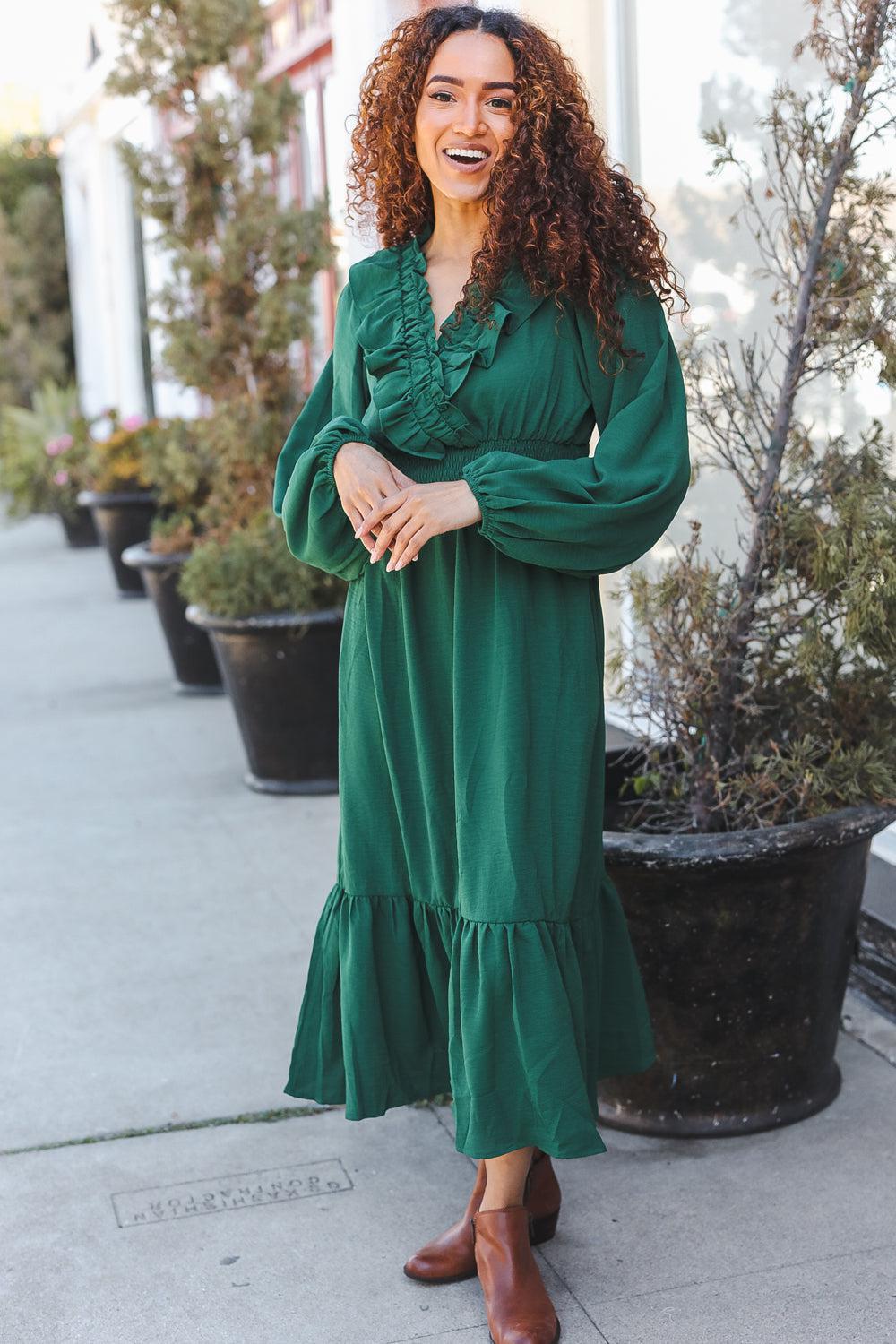 Beautiful You Holiday Green Overlap Ruffle V Neck Midi Dress-2024 Blow-Out Sale-Evelyns Fashion