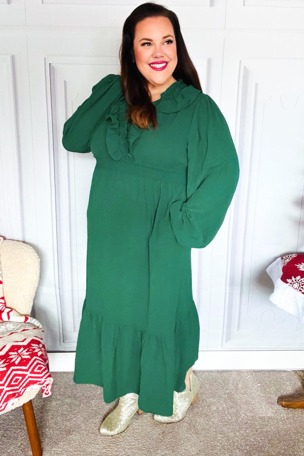 Beautiful You Holiday Green Overlap Ruffle V Neck Midi Dress-2024 Blow-Out Sale-Evelyns Fashion