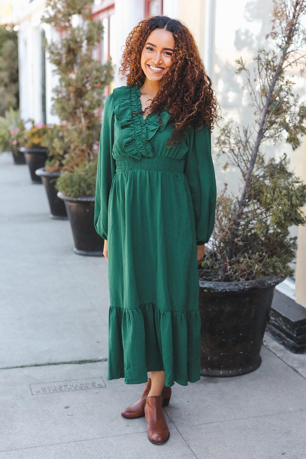 Beautiful You Holiday Green Overlap Ruffle V Neck Midi Dress-2024 Blow-Out Sale-Evelyns Fashion