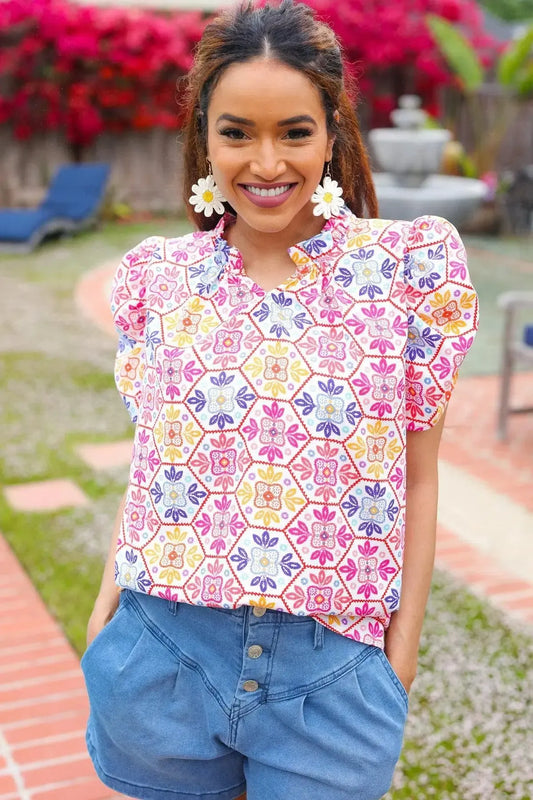 Beautiful You - Lace Frill Notch Neck Puff Sleeve Top - Ivory Floral-2024 Blow-Out Sale-Evelyns Fashion