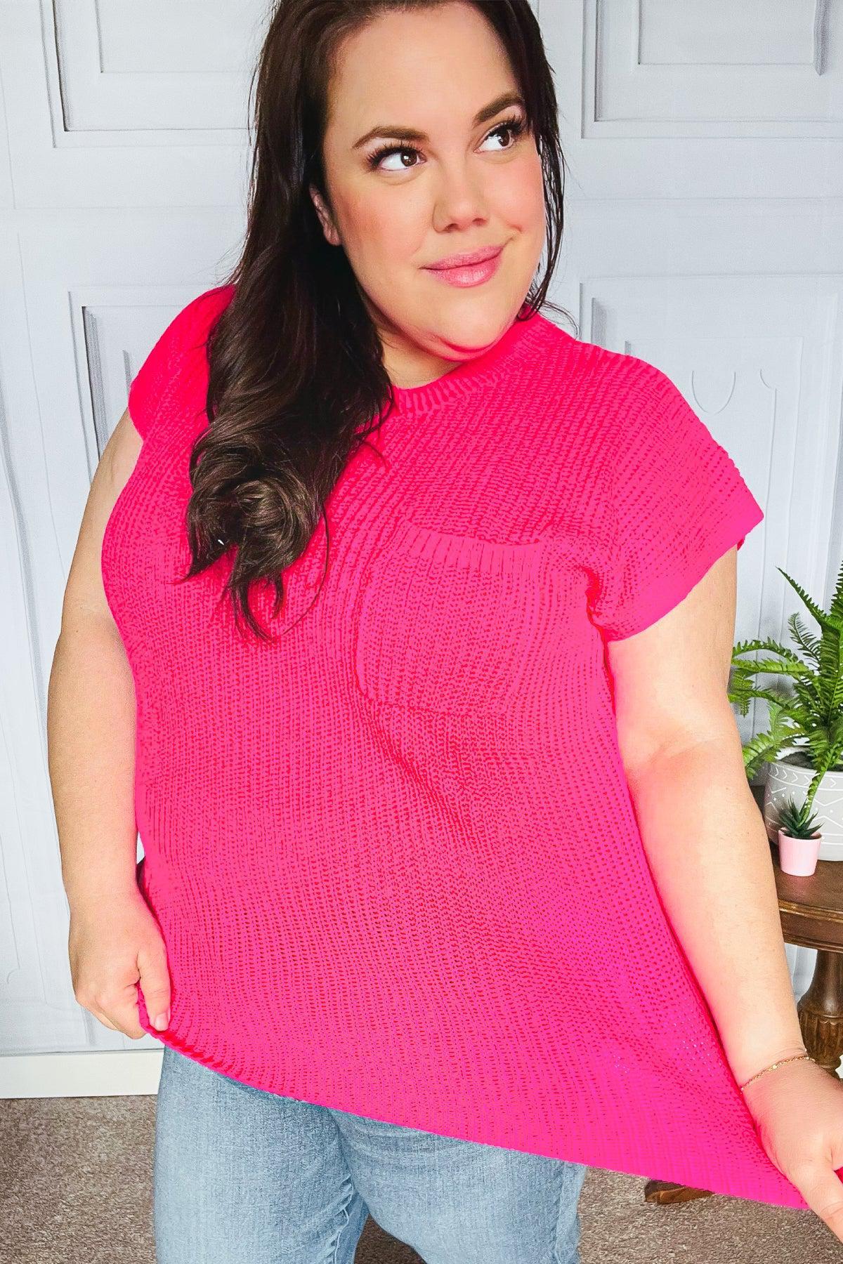 Best In Bold Hot Pink Dolman Ribbed Knit Sweater Top-2024 Summer Blow Out Sale-Evelyns Fashion