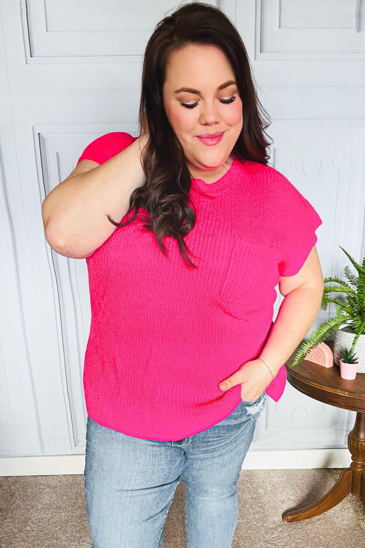 Best In Bold Hot Pink Dolman Ribbed Knit Sweater Top-2024 Summer Blow Out Sale-Evelyns Fashion