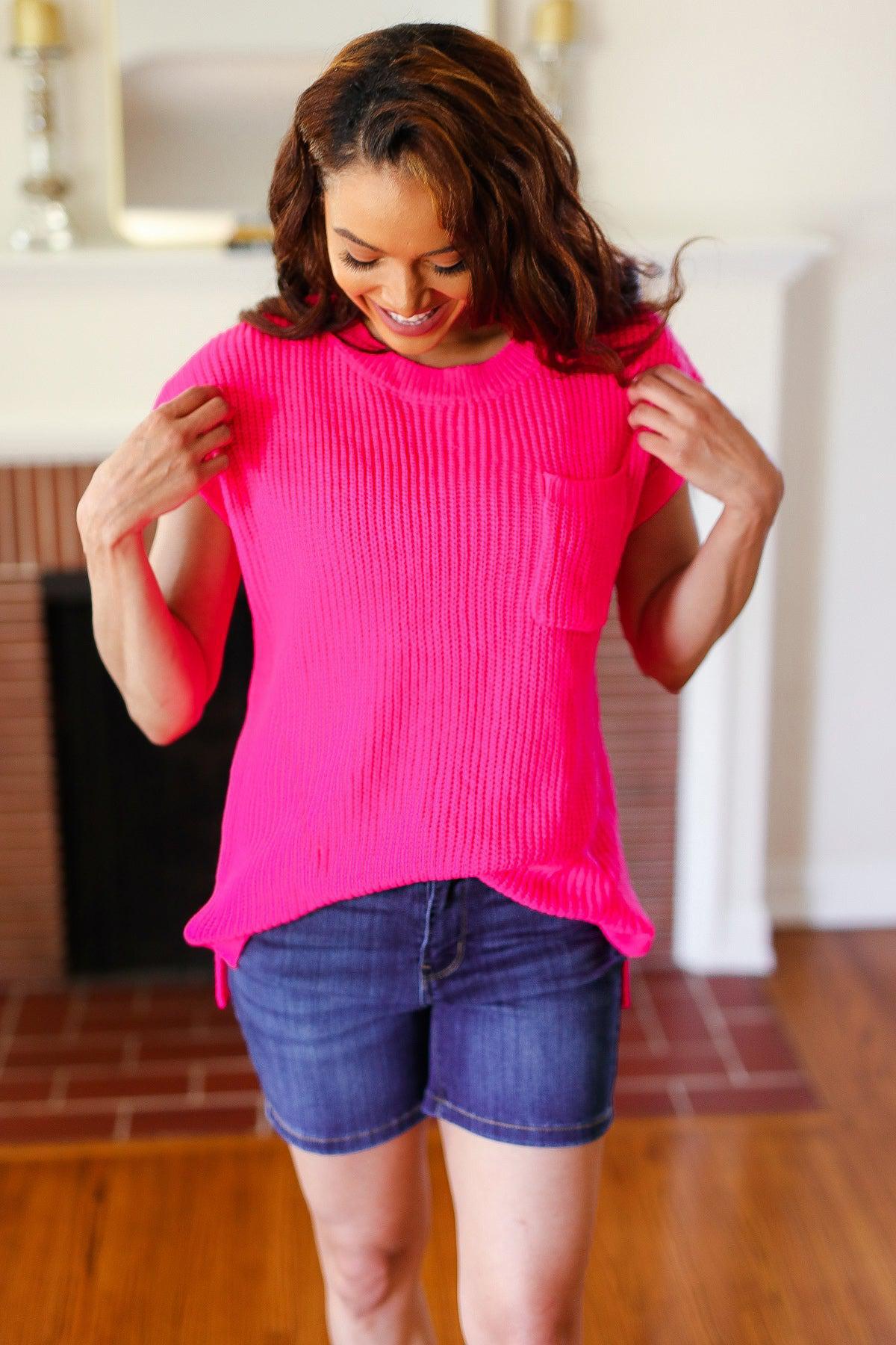 Best In Bold Hot Pink Dolman Ribbed Knit Sweater Top-2024 Summer Blow Out Sale-Evelyns Fashion
