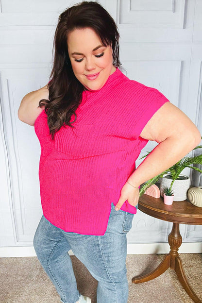 Best In Bold Hot Pink Dolman Ribbed Knit Sweater Top-2024 Summer Blow Out Sale-Evelyns Fashion