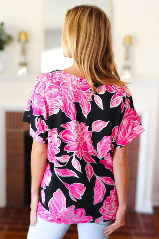 Black & Hot Pink Floral V Neck Top-Short Sleeve Blouse-Evelyns Fashion