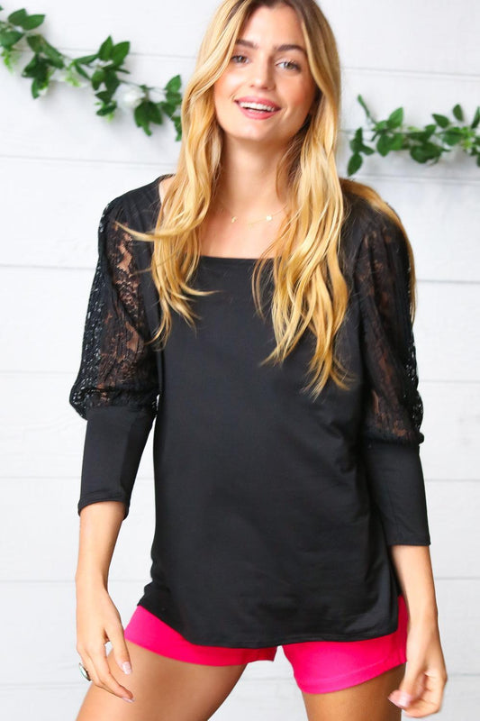 Black Lace Three Quarter Bubble Sleeve Top-blouse-Evelyns Fashion