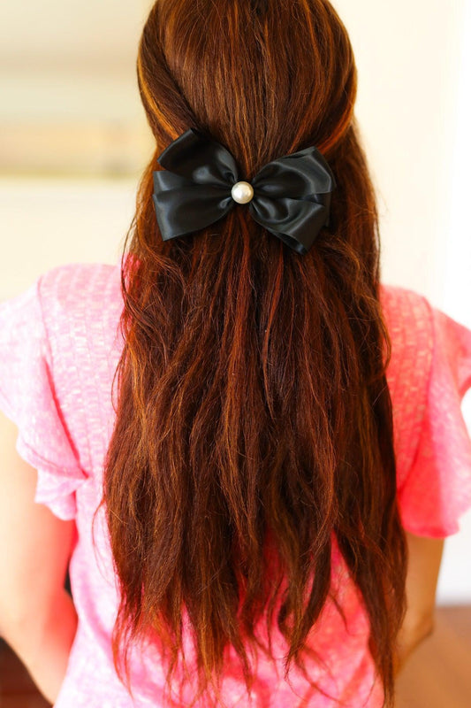 Black Satin Pearl Detail Coquette Bow-2024 Blow-Out Sale-Evelyns Fashion
