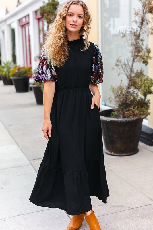 Black Sequin Floral Maxi Dress-Dresses-Evelyns Fashion