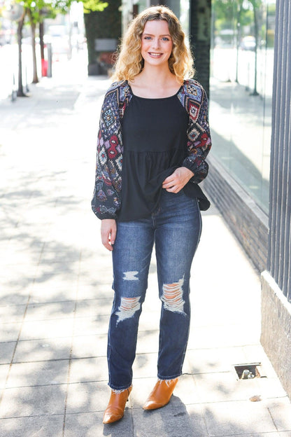 Black Square Neck Top-long sleeve-Evelyns Fashion