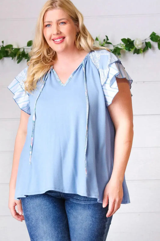 Blue Floral & Stripe V Neck Tie Double Flutter Sleeve Top-Evelyns Fashion