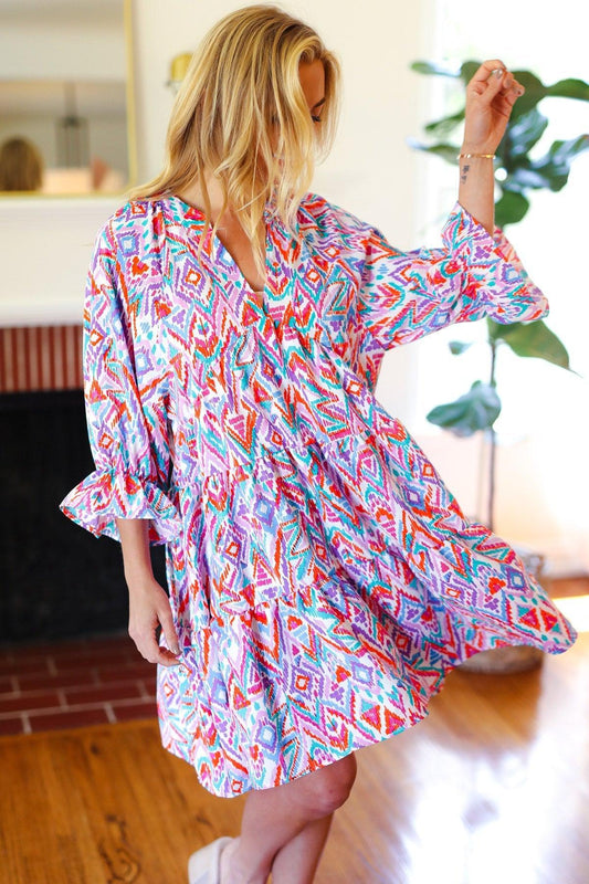 Blue & Lavender Ikat Dress-2024 Summer Blow Out Sale-Evelyns Fashion