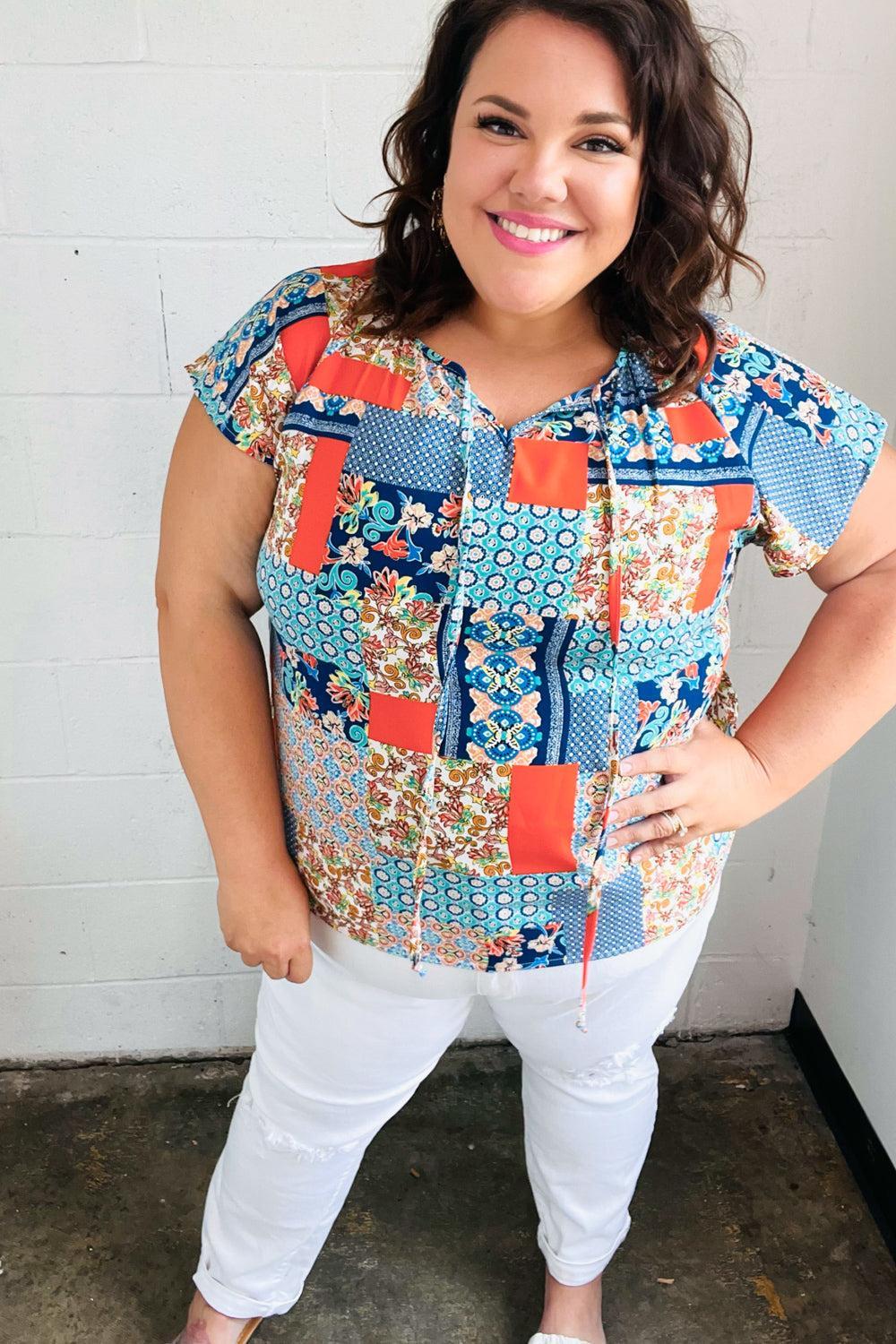 Blue & Orange Boho Patchwork Raglan Top-blouse-Evelyns Fashion