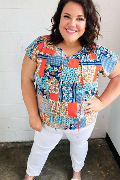 Blue & Orange Boho Patchwork Raglan Top-blouse-Evelyns Fashion