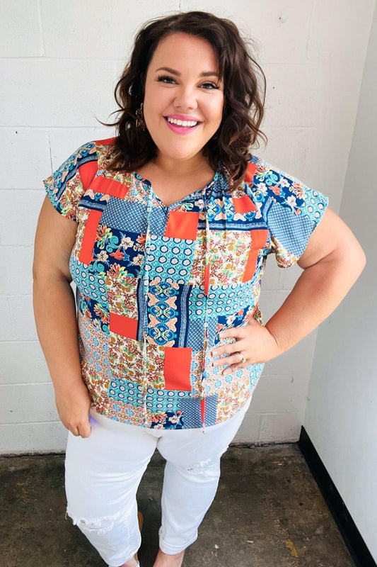 Blue & Orange Boho Patchwork Raglan Top-blouse-Evelyns Fashion