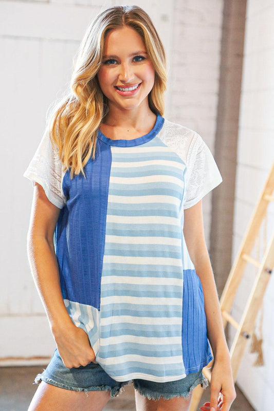 Blue Rib Terry Lace & Stripe Color Block Top-Evelyns Fashion