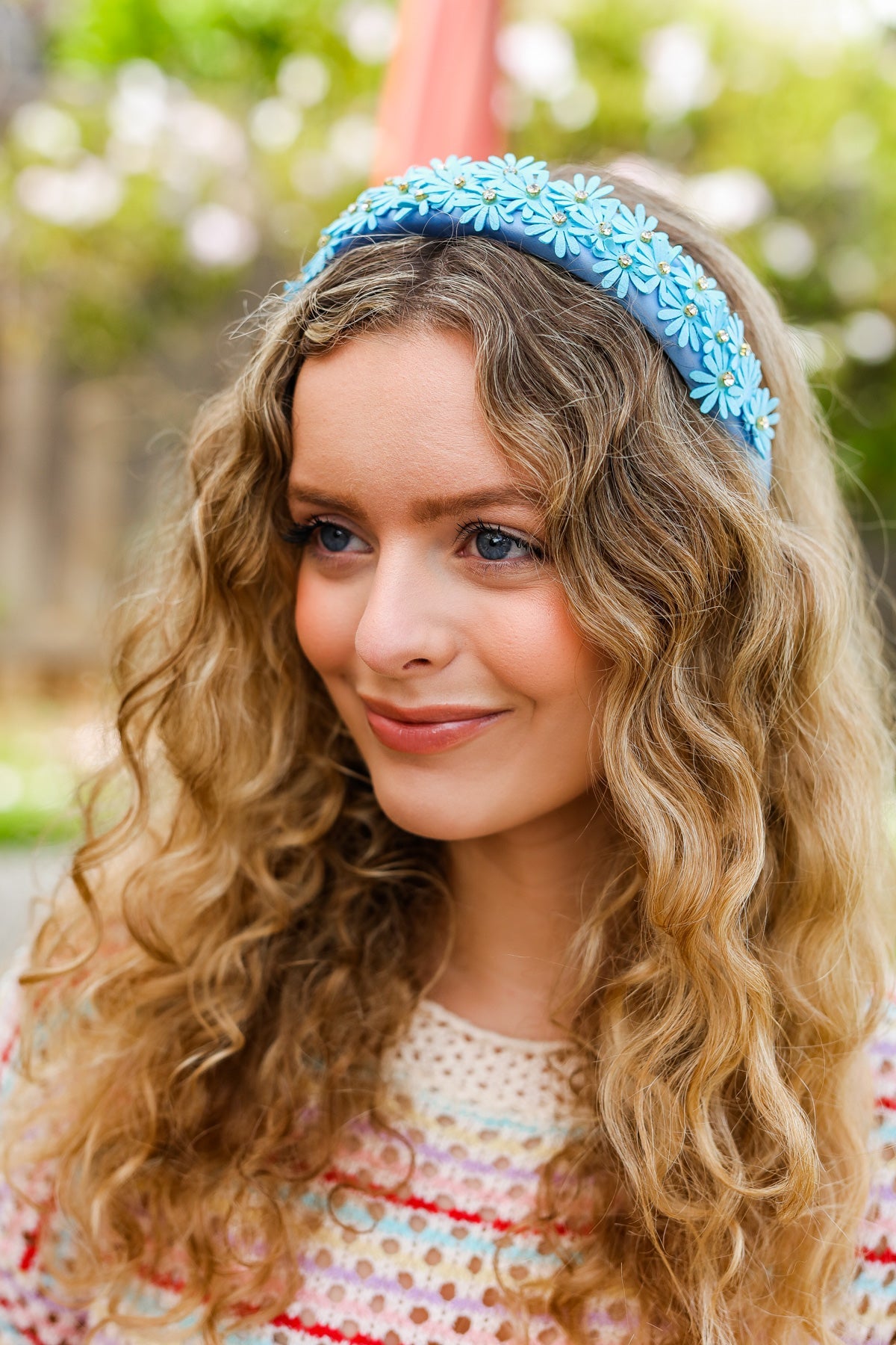 Blue Satin Daisy Rhinestone Headband-2024 Blow-Out Sale-Evelyns Fashion