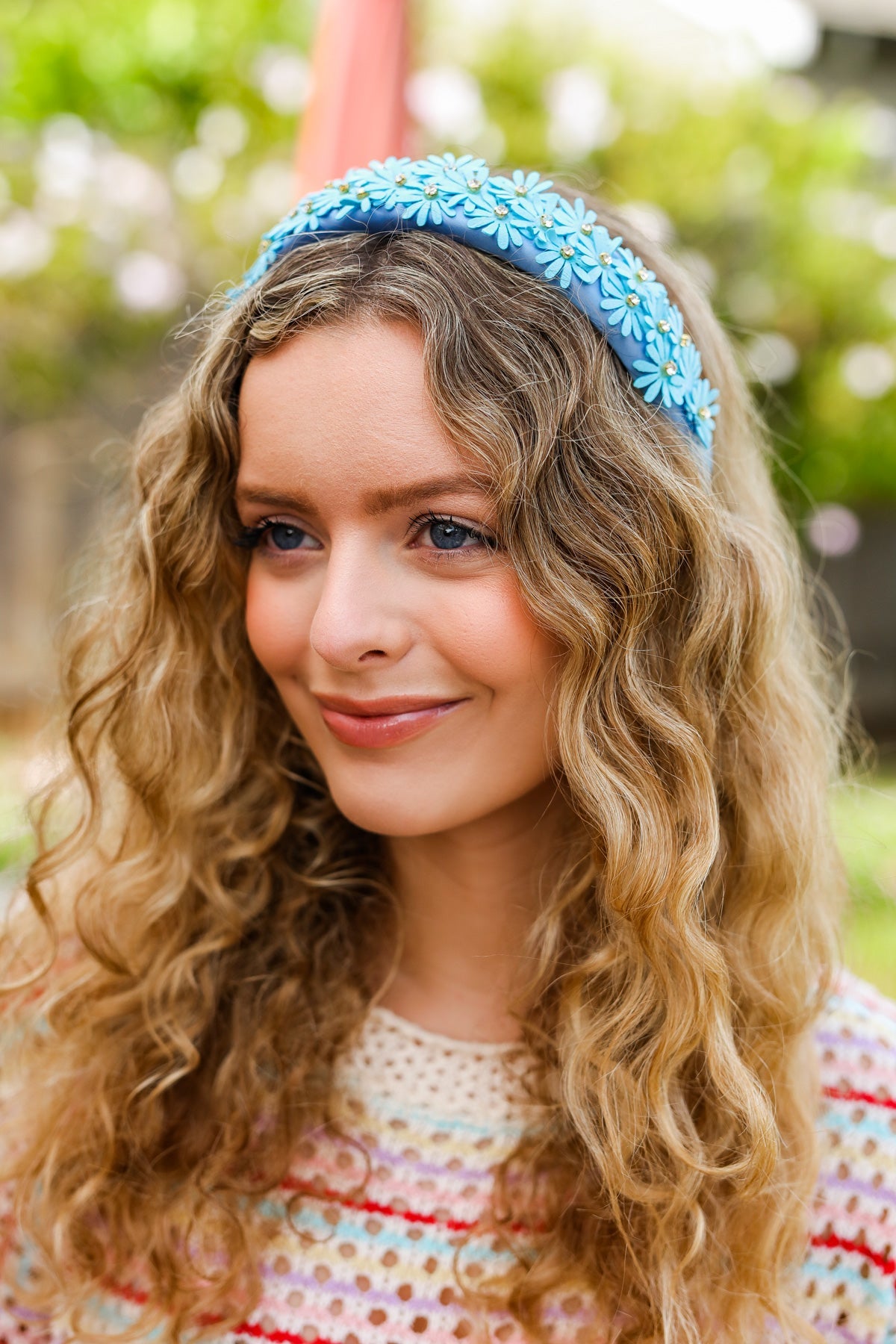 Blue Satin Daisy Rhinestone Headband-2024 Blow-Out Sale-Evelyns Fashion