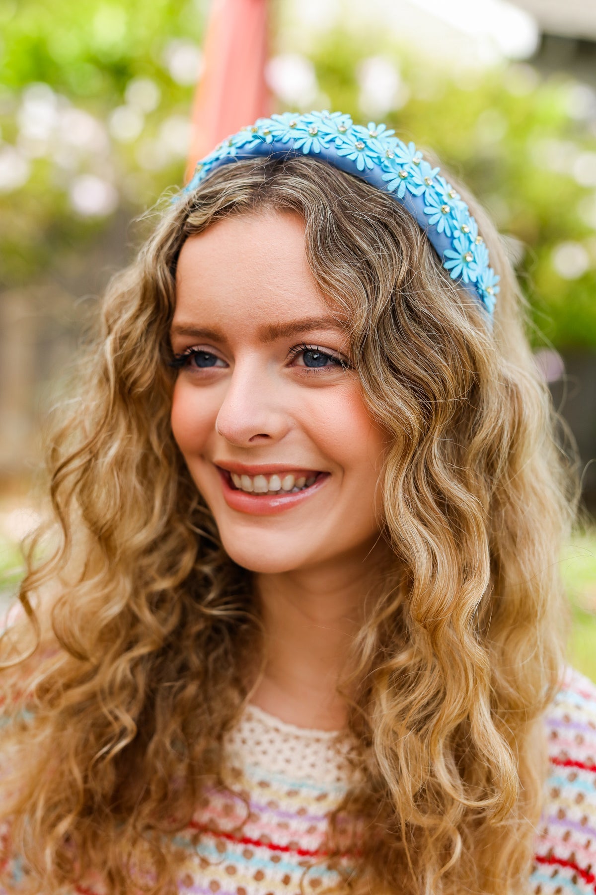 Blue Satin Daisy Rhinestone Headband-2024 Blow-Out Sale-Evelyns Fashion